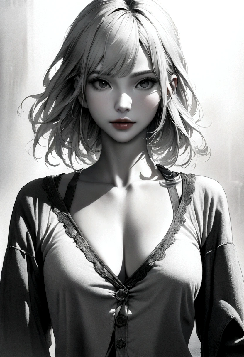 styles, Model Essay Style, RAW photo of blonde girl, ((Monochrome photography)), 1girl in, ((Facing the front)), Detailed photos of faces, Detailed clavicle, face perfect, top-quality, ultra-detailliert, film grains, A hyper-realistic, ultra realistic textures, masterpiece, highly detailed CG unit 8k wallpaper