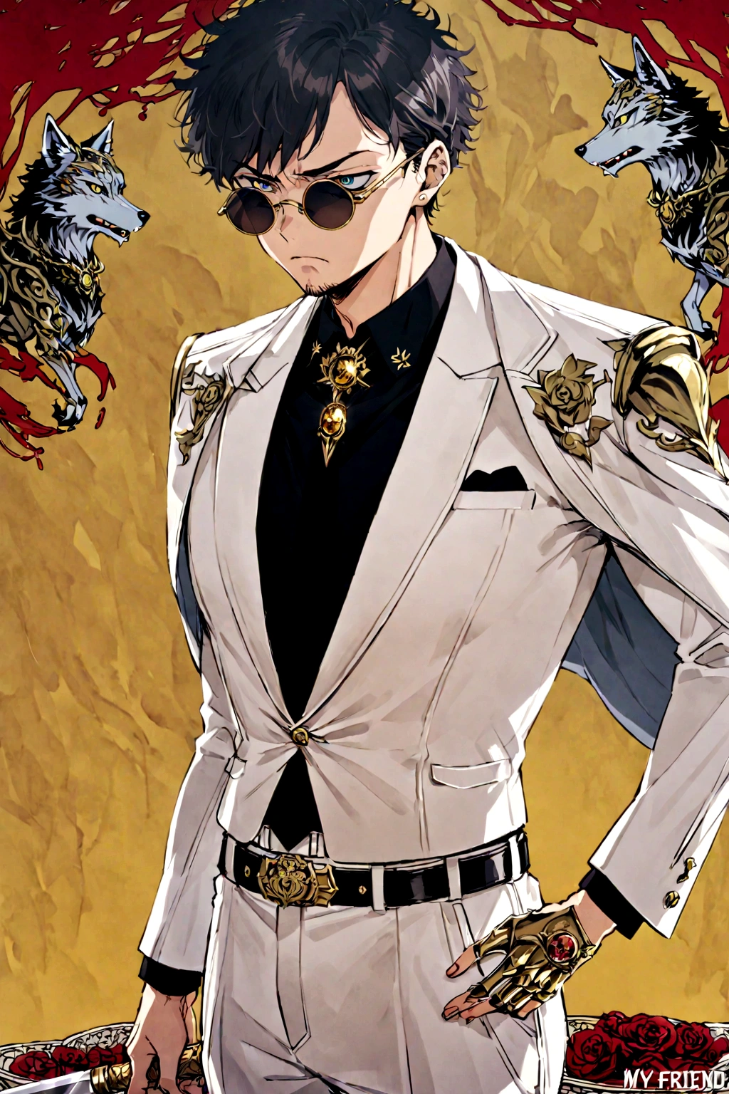 Kyotaro Ichikawa (My friend and I), defined body, very serious expression, round sunglasses, An open white suit jacket with black details on the shoulders., a black shirt under the suit with a skinny tie that has a gold brooch with a wolf figure. his belt, It has a large, decorative buckle, white dress pants, blood stained clothes, elegant clothes, holding a knife with a golden handle. Alone, yellow background 