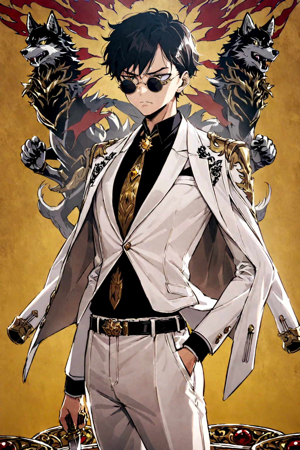 Kyotaro Ichikawa (My friend and I), defined body, very serious expression, round sunglasses, An open white suit jacket with black details on the shoulders., a black shirt under the suit with a skinny tie that has a gold brooch with a wolf figure. his belt, It has a large, decorative buckle, white dress pants, blood stained clothes, elegant clothes, holding a knife with a golden handle. Alone, yellow background 