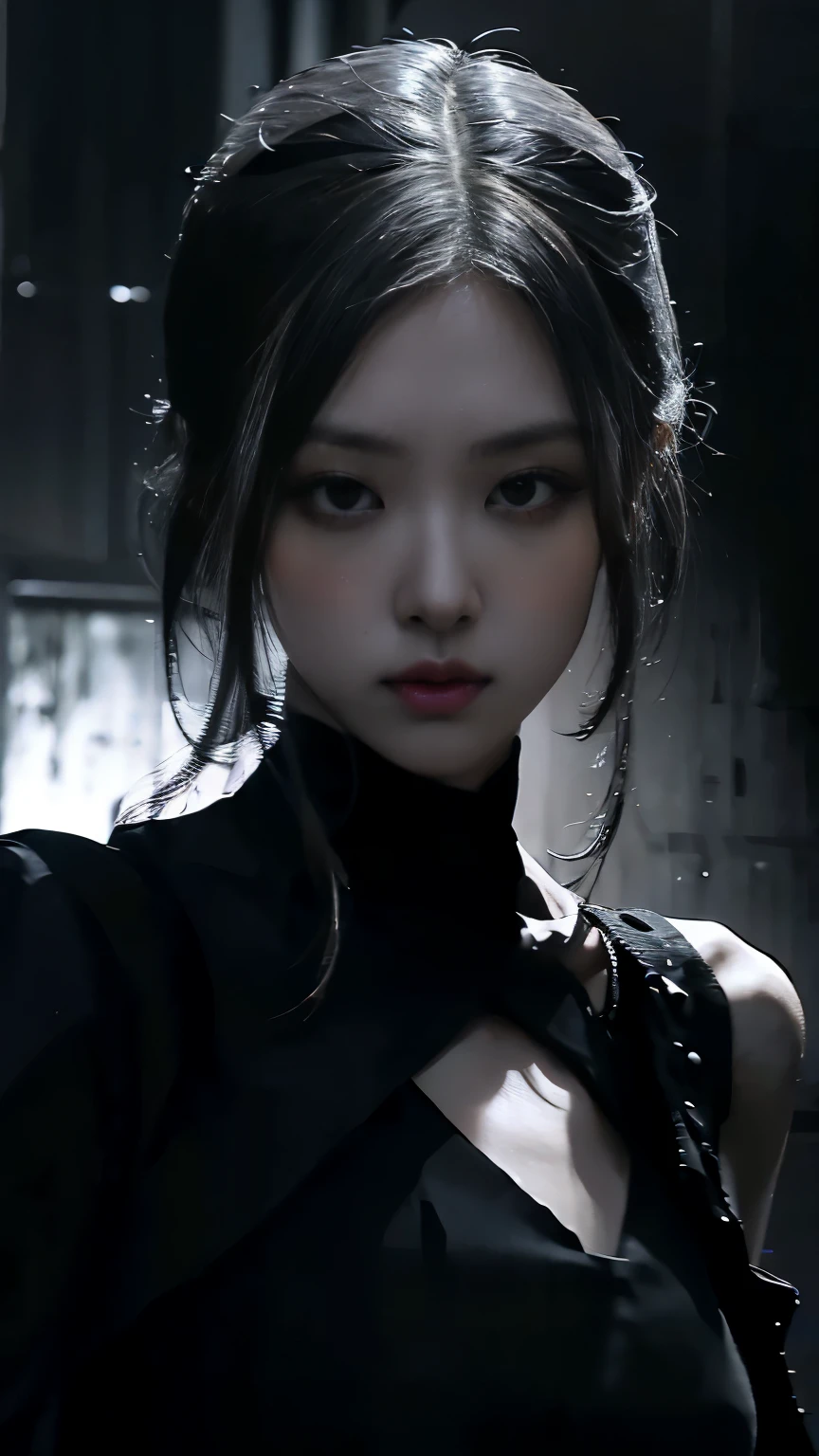 (best quality, highres:1.2), realistic, black dress, black hair, dark theme, black background, dark ninja, intense gaze, elegant posture, flowing dress, detailed facial features, long eyelashes, contrast, fine details, dramatic atmosphere, gothic style, intense emotions, monochrome color palette, captivating setting, haunting beauty, artistic photography, everything is black