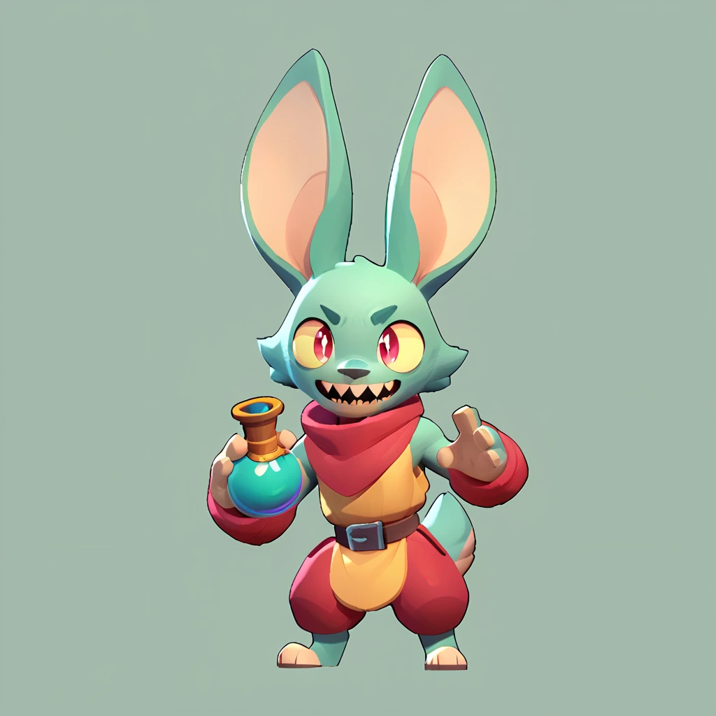 Full body view of a small, spherical, male monster with light teal fur, long ears, sharp teeth, smiling, holding a green potion in his hand
