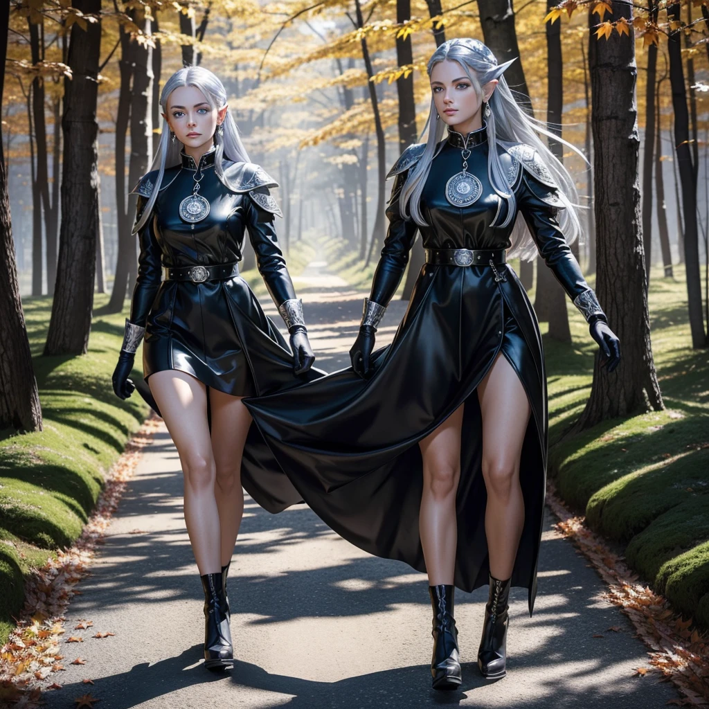 a beautiful woman with long silver hair, pointed ears, and bright blue eyes, wearing a black dress with a high collar and short skirt, a thick silver chain belt with a round silver medallion, black leather gloves, and silver earrings with a small blue sapphire, walking through a red maple forest with falling red maple leaves covering the ground, sunlight streaking through the trees, highly detailed, photorealistic, masterpiece.