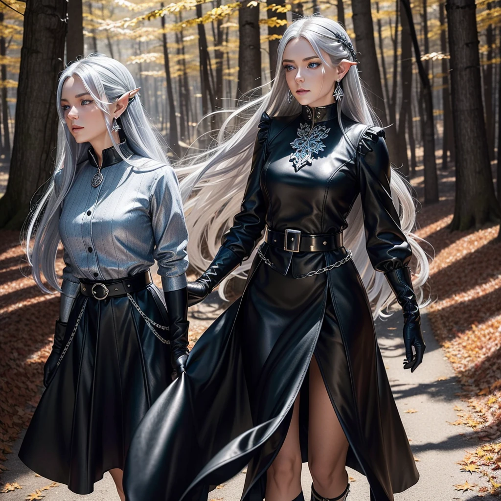 a beautiful woman with long silver hair, pointed ears, and bright blue eyes, wearing a black dress with a high collar and short skirt, a thick silver chain belt with a round silver medallion, black leather gloves, and silver earrings with a small blue sapphire, walking through a red maple forest with falling red maple leaves covering the ground, sunlight streaking through the trees, highly detailed, photorealistic, masterpiece.