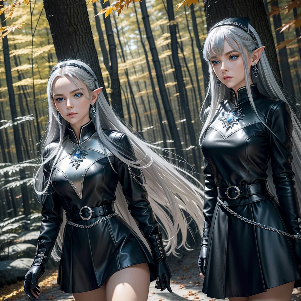 a beautiful woman with long silver hair, pointed ears, and bright blue eyes, wearing a black dress with a high collar and short skirt, a thick silver chain belt with a round silver medallion, black leather gloves, and silver earrings with a small blue sapphire, walking through a red maple forest with falling red maple leaves covering the ground, sunlight streaking through the trees, highly detailed, photorealistic, masterpiece.