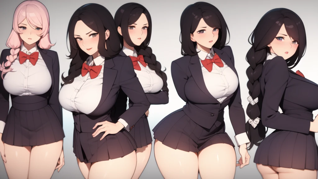 Simple white Background,
Dynamic posture, attention, full body,
School _ Uniform, red _ bow tie, white _ Shirt, pleats _ skirt, long sleeves,
Black _ hair, long _ hair, hair _ pull _ back, part _ lips, purple _ eyes, braid, minisskirts, black silk stockings, white high heels, butt showing pink vagina, open thighs, shy, blushing, inner monologue: Don't don't, don't do this.
A girl, 20 years old, young woman, beautiful long legs, beautiful body,
Beautiful Nose, beautiful character design, perfect eyes, perfect face,expressive eyes, perfect balance,
Looked at the audience, Focus on its ehrs face), shut up. (innocent _ the _ eyes: 1.3), (_ smile light: 0.7),
Official art, extremely detailed CG unity 8k wallpaper, perfect lighting, colorful, bright _ front _ face _ light ing, shiny skin,
(Beautiful, big _ udder :1.5, beating up and down),(beautiful _ face :1.5),(narrow _ waist), udder milking, udder milking, udder milking, udder milking, teat, teat, teat,