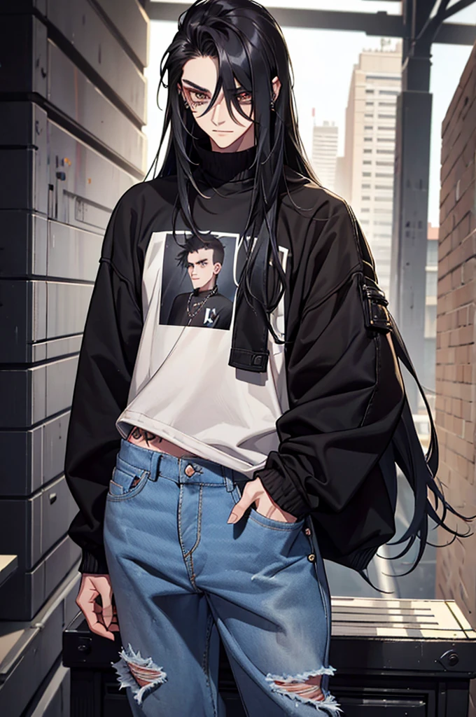 (best quality) (detail), 1 guy, thin, manly, punk, black oversize sweater, baggy jeans, long straight hair, dark, piercing, black hair