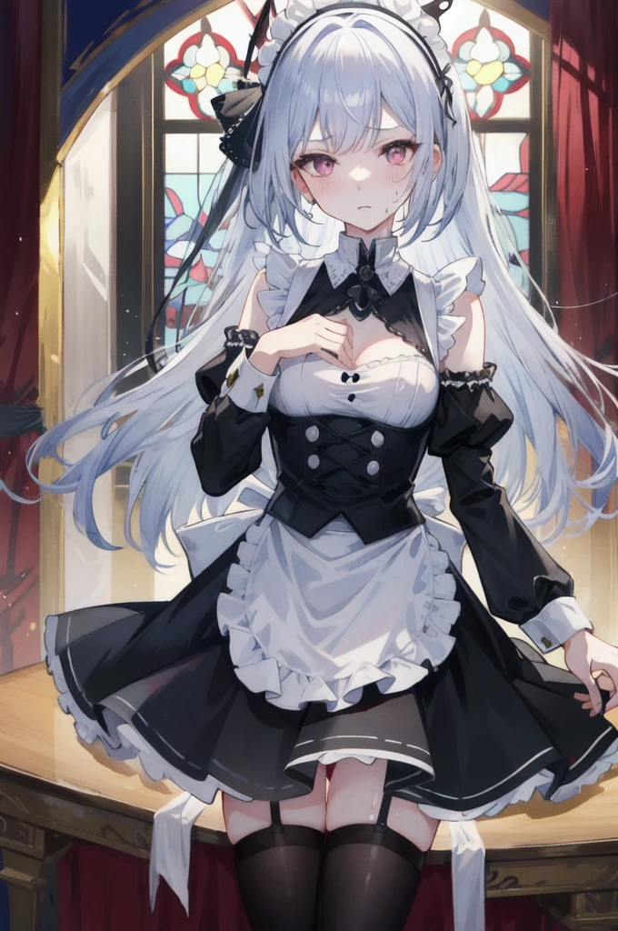 Always detailed face, Perfect lighting, Highly detailed CG, (Perfect hands, Perfect Anatomy),Super detailed,　 long hair straight hair、Dark Gothic Makeup、Dark smile、Restless Palace、Expression of sexual arousal、The beauty of fragrance、15 years old、liar、charm、Emok、Frowning、Dark Gothic、Maid clothes、Bell Sleeves、Wizard Sleeve、Stained Glass Background、Tabletop、Highest quality、Sweat glistens on my chest、豪華で煌びやかなMaid clothes、Sexy Gothic Fashion、The body is wet and shiny、Transcendent Sex Appeal、Glitter on thighs、I&#39;I&#39;I&#39;m sweating a lot、Large Breast Size、Loving smile、Twin tail hair、Platinum Blonde Hair、Iの太ももはとても濡れている、Jet black frill skirt、Shadow、Right blue eye, Left eye is red、Gothic bed covered with roses、Transcendent Bewitching Temporarily Disabled、whole body、charm的な脚、Knee-high socks、Thigh-high socks、lace trim bra, lace trim panties, Pink Lingerie, Lace-trimmed legwear, Black lace, Side tie panties, satin panties, garter belt, Good elevator, 　whole body油まみれで光沢感がある　whole bodyから湯気が出ている　Steam like a sauna room fills the entire screen.　White breath from the mouth