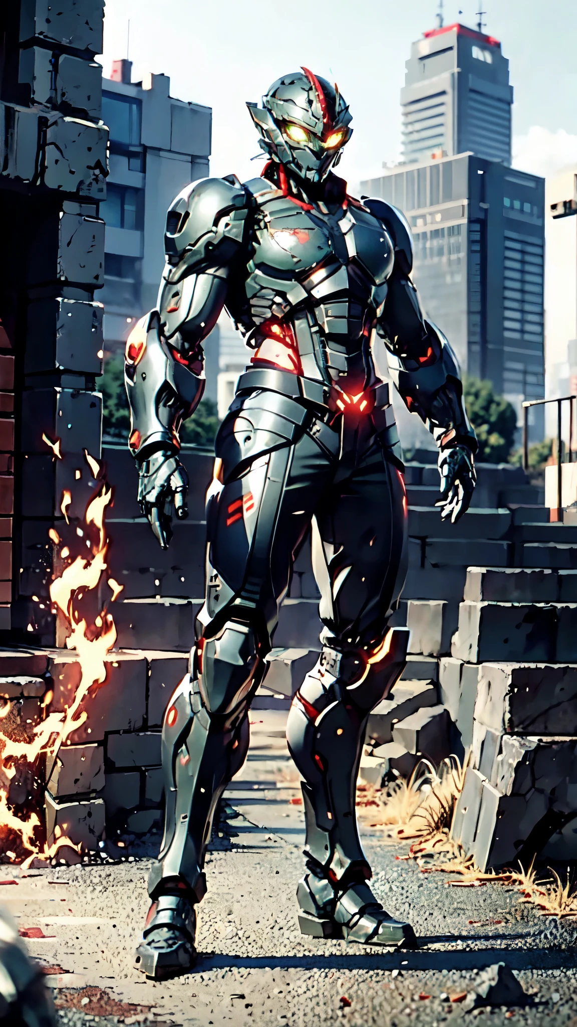 A man wearing a full-face helmet, a fantasy-style biotech armored combat suit, green eyes, (a composite layered chest armor), fully enclosed shoulder guards, matching arm and leg guards, the belt is adorned with dragon claw grasping orbs, (the color scheme is primarily black with red accents), the design balances heavy with agility, a high-tech bio-mecha armor, (Armor Concept Inspired by Dragons, stand on the top of a skyscraper in a futuristic sci-fi city), this character embodies a finely crafted fantasy-surreal style armored hero in anime style, exquisite and mature manga art style, (element, plasma, energy, the armor glows), ((male:1.5)), metallic, real texture material, dramatic, high definition, best quality, highres, ultra-detailed, ultra-fine painting, extremely delicate, professional, perfect body proportions, golden ratio, anatomically correct, symmetrical face, extremely detailed eyes and face, high quality eyes, creativity, RAW photo, UHD, 32k, Natural light, cinematic lighting, masterpiece-anatomy-perfect, masterpiece:1.5