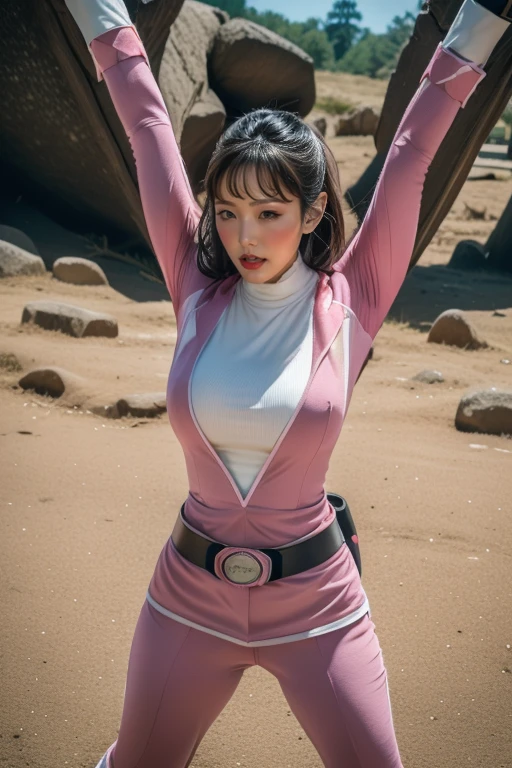 pink theme,pink ranger suit、curvy, big breats, full body, tied on Saint Andrew's cross in X position, screaming in pain, crying, eyes are closed tight