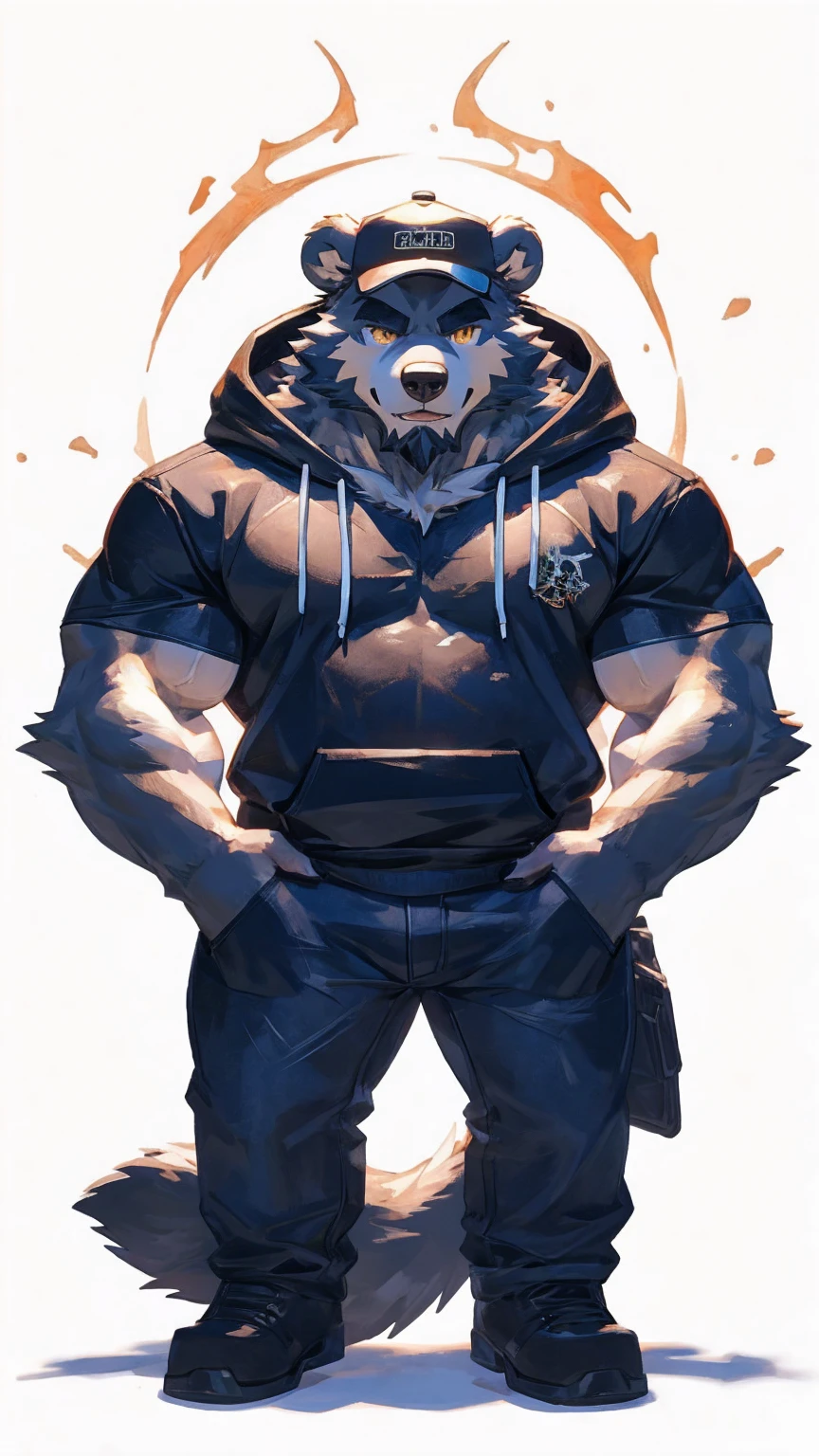 (masterpiece:1.2), best quality,pixiv,official art,perfect anatomy, (Ray tracing, light),solo, (1_male:1.3) , (muscle), (grey fur:1.4), (muscle bear), (beard:1.2), (gleaming golden eyes), bear tail, full body, Thick black eyebrows, baseball cap, (open short hoodie), (naked inside),Ripped short jeans, black short boots, (pure white background: 1.3), (front view:1.3)