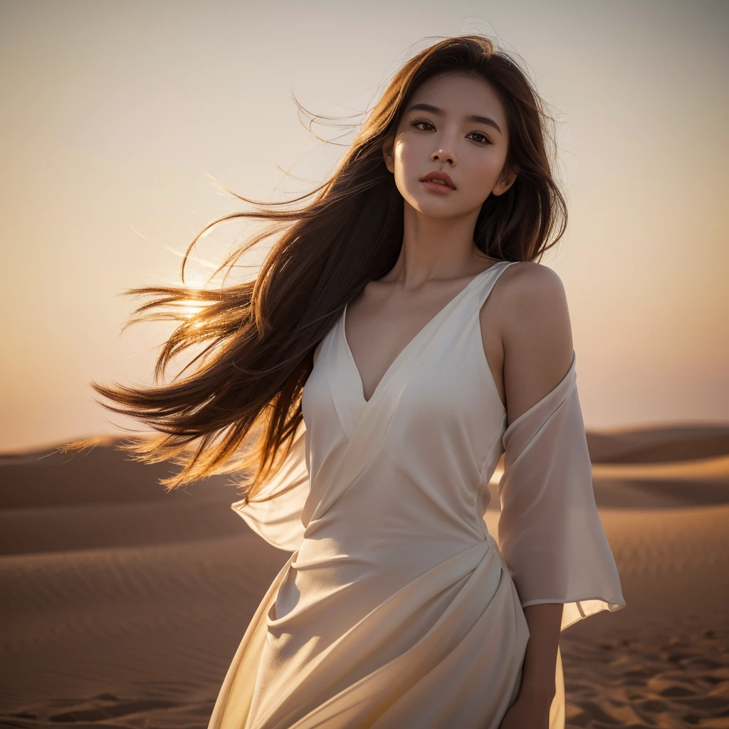1girl, beautiful young woman, gracefully standing, middle of vast desert, flowing dress billowing in wind, golden sunlight, warm glow on face, striking features, sand dunes stretch out endlessly, sense of tranquility and solitude, realistic painting style, capturing beauty and serenity of desert landscape, real photo, photography, (best quality,4k,8k,highres,masterpiece:1.2),ultra-detailed,(realistic,photorealistic,photo-realistic:1.37),highly detailed face and eyes, detailed fabric, dramatic lighting, depth of field, cinematic composition
