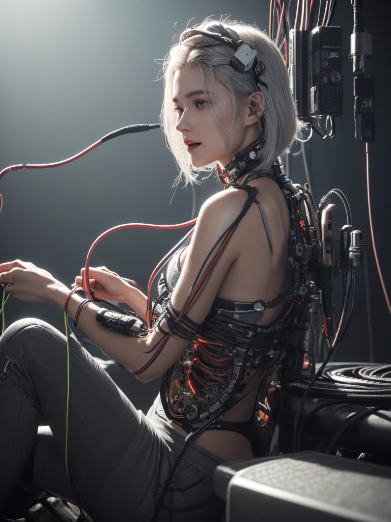 ((((masterpiece))), ((best quality))), ((ultra-detailed)), (CG illustration), ((an extremely delicate and beautiful)),(from side),cinematic light, ((1 mechanical girl)), single, full-body, (machine-made joint: 1.2), ( (mechanical limbs)), (blood vessels connected to tubes), (mechanical spine connected to back), ((mechanical cervical vertebrae attached to neck)), (sitting), forced laughter, (wires and cables around the neck: 1.2), (wires and cables on the head: 1.2) (character focus), sci-fi, extremely thin, colored, the finest white hair, red eyes, in battle, (knotted), (killing), (1 immortal)