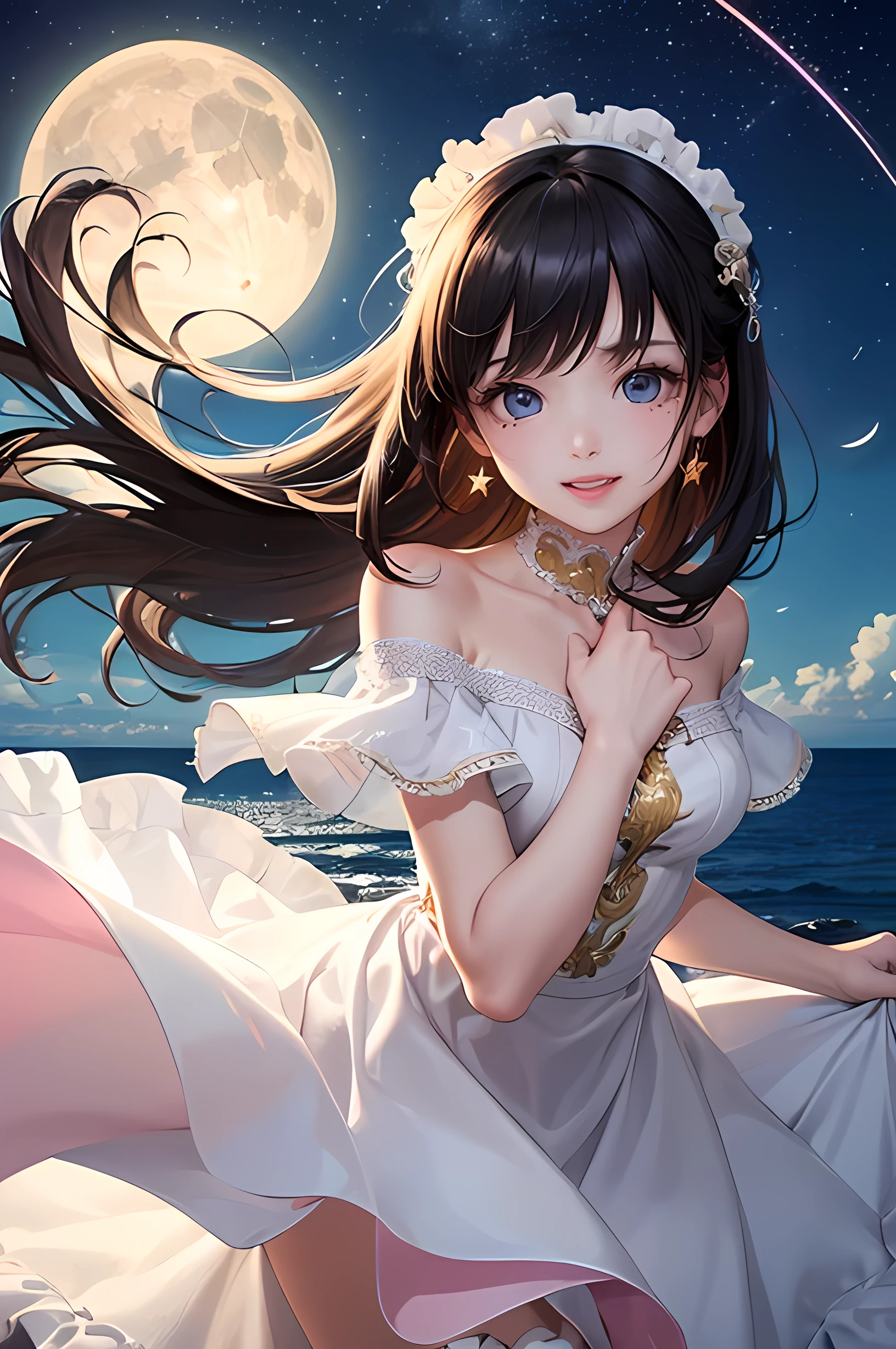 (Highest quality、Highest quality、Masterpiece、Very delicate、Very detailed、Exquisite、16K、Full HD)、1 female、(Pink Shiny Gothic Lolita Mini Skirt Dress、Décolleté dress、Golden embroidery、Silver embroidery、Frill mini skirt dress、Skirt in the wind、White frills)、Perfect body line、Glowing Skin、(Groomed eyebrows、Pink Lips、Blue Eyes、Detailed eyes、A cheerful look、Mole under the mouth)、(Black Hair、Medium Hair、Shoulder-length hair、Shiny Hair)、Dynamic Pose、Dramatic lighting、(star、moon、water、star空、Ocean)