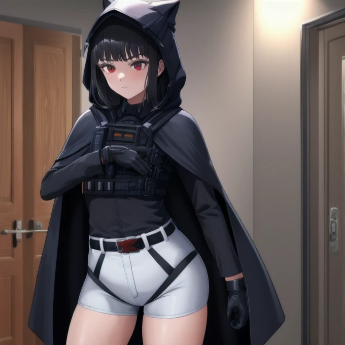 Solo, 1girl, dnikke, long sleeves, hood up, black shirt, gloves, shorts, cloak, cape, belt, tactical clothes, room, standing 