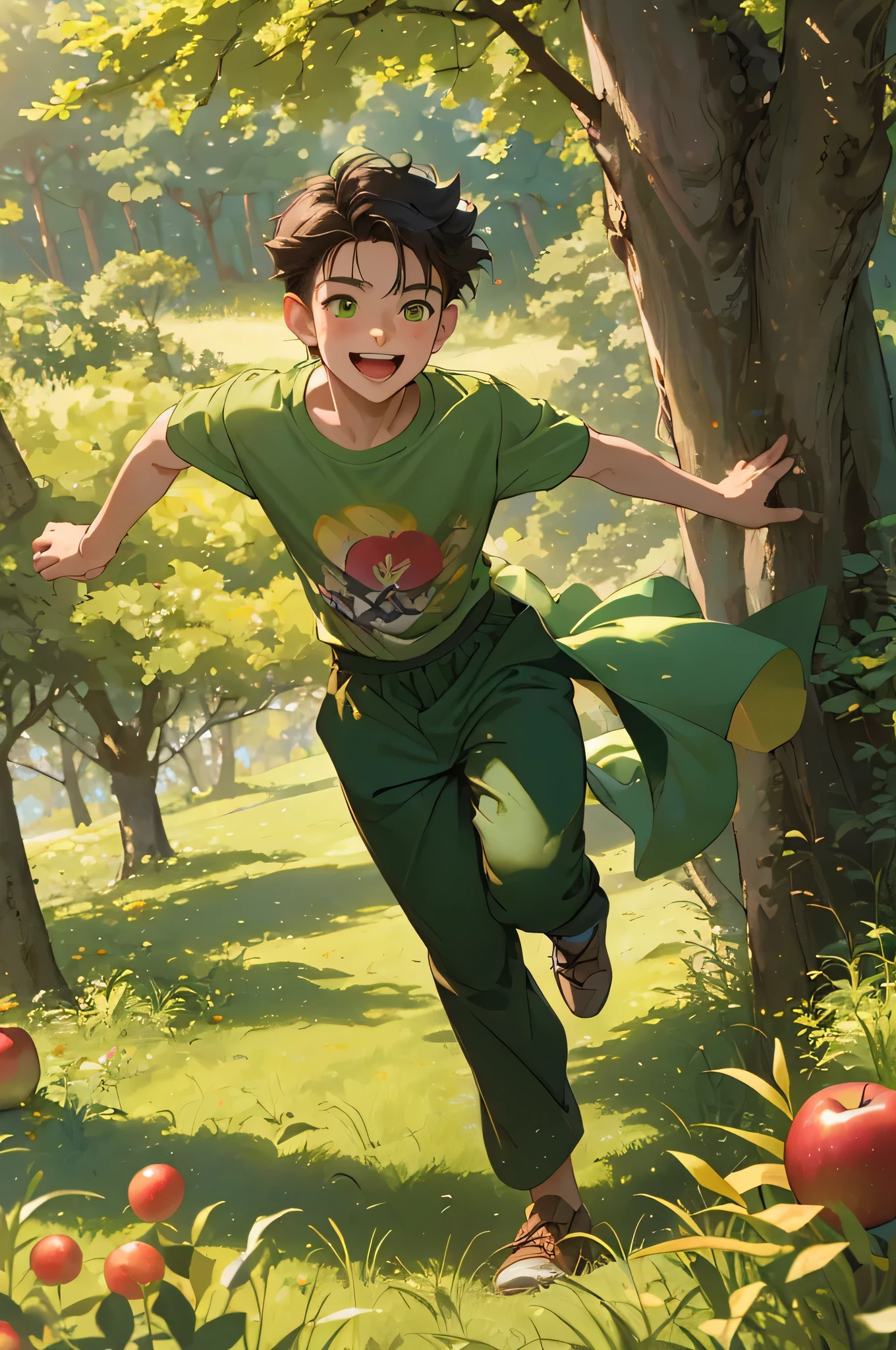 (masterpiece, highest quality), high angle shot of the young boy with light orange skin long black hair and green eyes running up the grassy hill in the forest towards a tree the boy has a green shirt and raggedy brown pants and the tree has white pedals and beautiful pink apples growing from it, the boy is and has a happy expression on his face ,