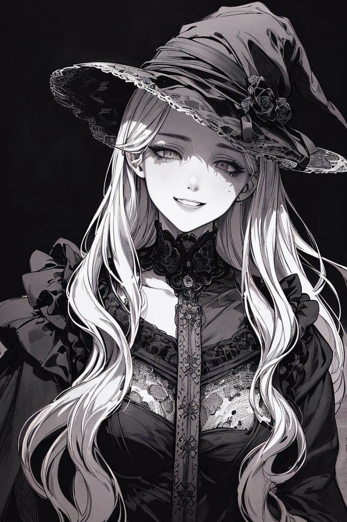 Highest quality, (Background details), High Contrast, Very beautiful woman, Detailed original illustrations、functional、witch、Pointed hat、Black Robe、Delicate face、attractive、Villainess、sexy、Real breasts、Crazy Smile, Crazy Eyes,  Head close-up, Black background, (Black background: 1.5), Beautiful line art、Monochrome