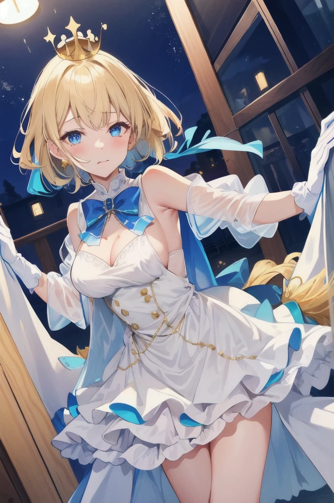 Always detailed face, Perfect lighting, Highly detailed CG, (Perfect hands, Perfect Anatomy),Super detailed,24-years-old，university student，Charmed，Sacred，in love，Medium Chest、Seductive pose，(Princess Dress:1.2)，Dark blonde hair，e Blue Eye Aximalism，Multi-layered delicate frills，たくさんのrace，(Delicate pattern:1.1)，(Beautiful costumes:1.1)，(Yellow-white tone)，Princess Crown，See-through, transparent clothing，Beautifully detailed face，Bedroom scenes in western mythology，night，One person，(Flowing skirt:1.1)，Beautiful dear others.、，race,(Shine:1.2), (Highest quality), (Tabletop:1.2),、ピンクのraceのパンティー　White Long Gloves　The whole body is covered in oil and has a glossy appearance.　Steam is coming out of my whole body　Steam like a sauna room fills the entire screen.　White breath from the mouth