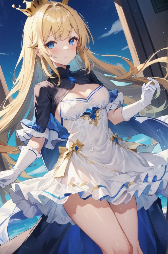 Always detailed face, Perfect lighting, Highly detailed CG, (Perfect hands, Perfect Anatomy),Super detailed,24-years-old，university student，Charmed，Sacred，in love，Medium Chest、Seductive pose，(Princess Dress:1.2)，Dark blonde hair，e Blue Eye Aximalism，Multi-layered delicate frills，たくさんのrace，(Delicate pattern:1.1)，(Beautiful costumes:1.1)，(Yellow-white tone)，Princess Crown，See-through, transparent clothing，Beautifully detailed face，Bedroom scenes in western mythology，night，One person，(Flowing skirt:1.1)，Beautiful dear others.、，race,(Shine:1.2), (Highest quality), (Tabletop:1.2),、ピンクのraceのパンティー　White Long Gloves　The whole body is covered in oil and has a glossy appearance.　Steam is coming out of my whole body　Steam like a sauna room fills the entire screen.　White breath from the mouth