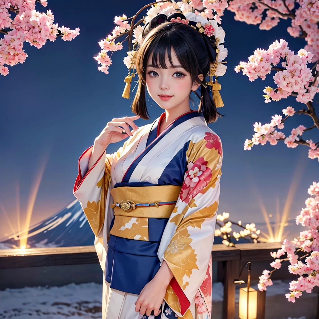 (masterpiece, Highest quality),8K,close,Warm lighting,bangs、smile、look forward to、best quality, masterpiece, New Year, 

(Kimono with strikingly beautiful colors:1.7), 

Three Japanese high-school cute girls, looking straight, 

gently smiling, 

white short scarf, white feather shawl, 

(separately side by side:1.4),

 (The image shows only the upper body:1.7),

 shrine background, (mount Fuji:1.3),winter(season),(outdoors:1.5)