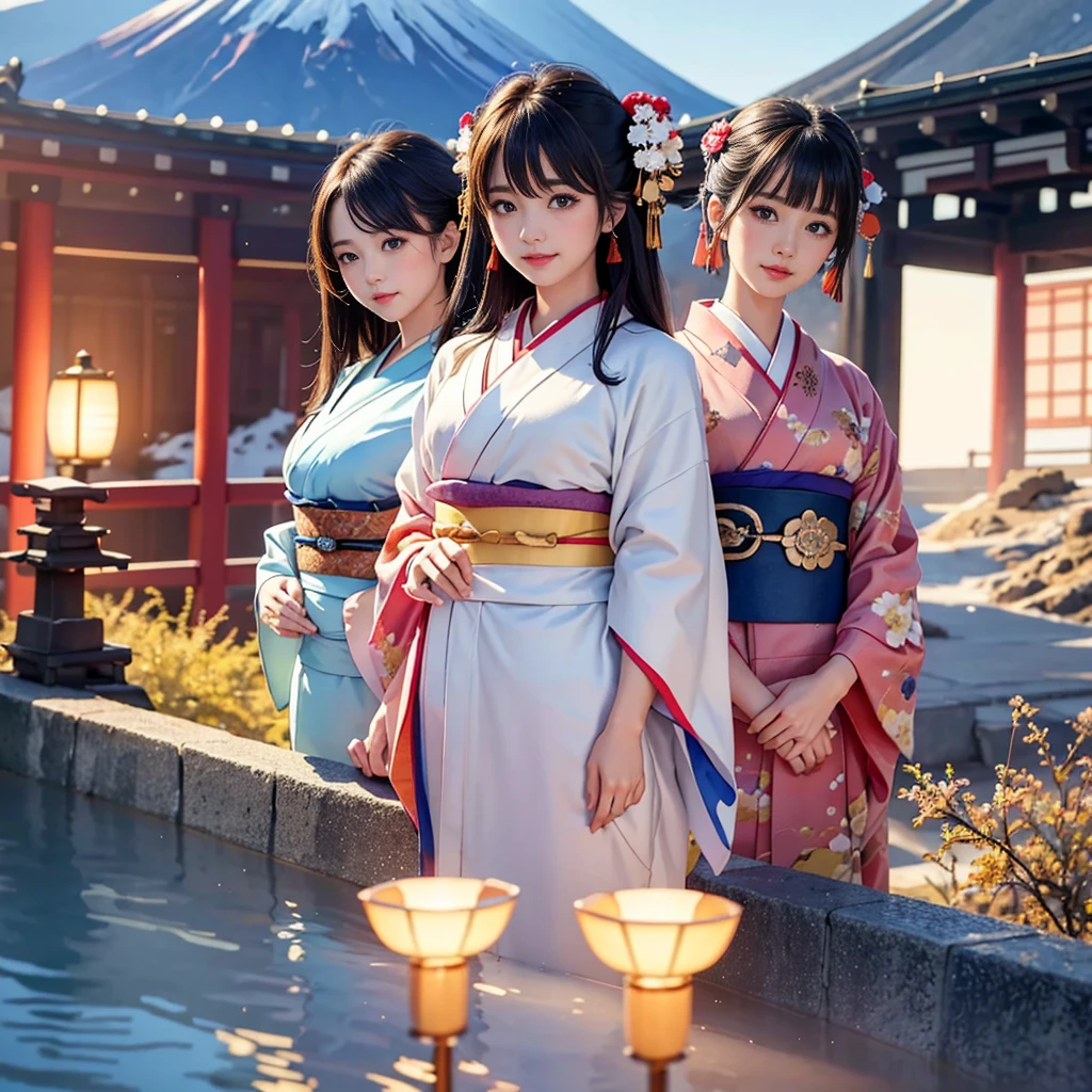 (masterpiece, Highest quality),8K,close,Warm lighting,bangs、smile、look forward to、best quality, masterpiece, New Year, 

(Kimono with strikingly beautiful colors:1.7), 

Three Japanese high-school cute girls, looking straight, 

gently smiling, 

white short scarf, white feather shawl, 

(separately side by side:1.4),

 (The image shows only the upper body:1.7),

 shrine background, (mount Fuji:1.3),winter(season),(outdoors:1.5)