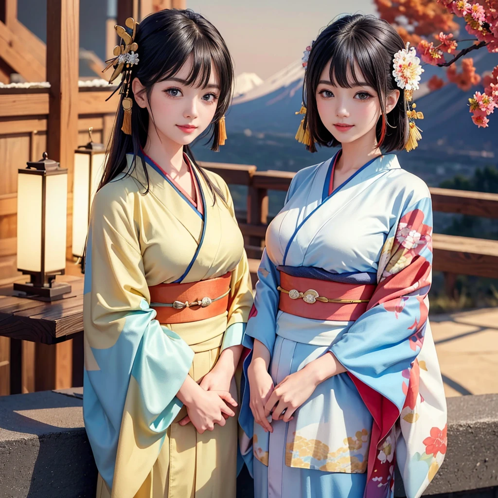 (masterpiece, Highest quality),8K,close,Warm lighting,bangs、smile、look forward to、best quality, masterpiece, New Year,
(Kimono with strikingly beautiful colors:1.7),
Three Japanese high-school cute girls, looking straight,
gently smiling,
white short scarf, white feather shawl,
(separately side by side:1.4),
(The image shows only the upper body:1.7),
shrine background, (mount Fuji:1.3),winter(season),(outdoors:1.5)