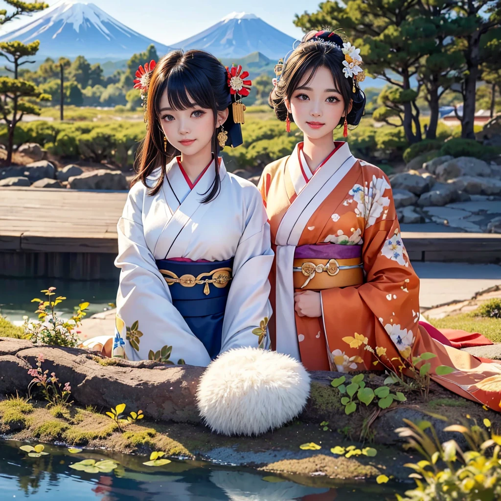 (masterpiece, Highest quality),8K,close,Warm lighting,bangs、smile、look forward to、best quality, masterpiece, New Year, 

(Kimono with strikingly beautiful colors:1.7), 

Three Japanese high-school cute girls, looking straight, 

gently smiling, 

white short scarf, white feather shawl, 

(separately side by side:1.4),

 (The image shows only the upper body:1.7),

 shrine background, (mount Fuji:1.3),winter(season),(outdoors:1.5)