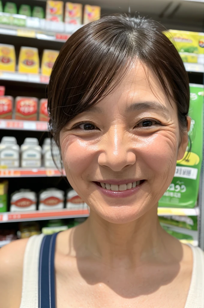 ((Highest quality)), ((masterpiece)), (detailed), Japanese, 40 years old, Beauty, Front face,smile, Nagoya,Facial wrinkles, Supermarket,part-time job
