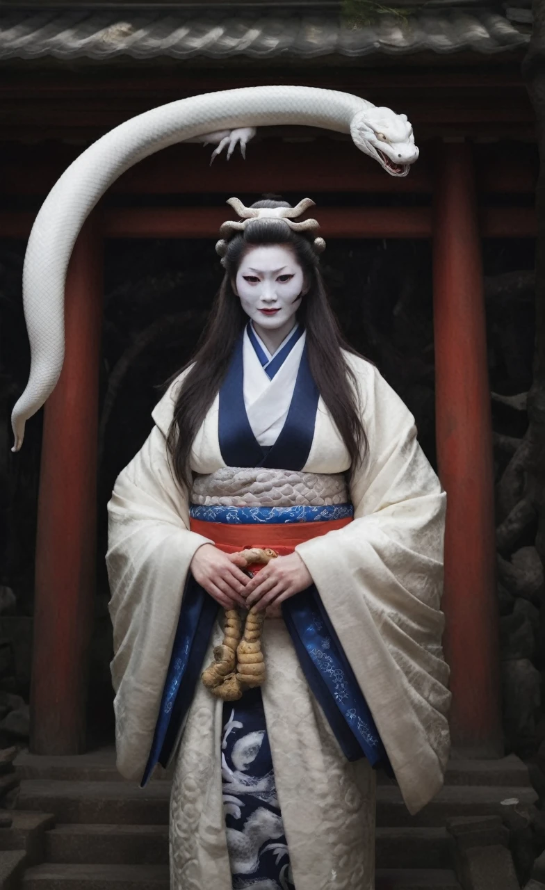 woman,White Face,kimono,A large white snake coiled around his body,Inside the shrine,Dim atmosphere,Realistic photos、