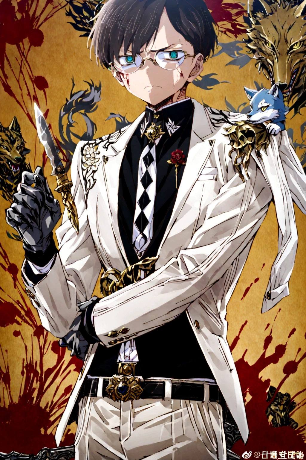 Kyotaro Ichikawa (My friend and I), defined body, very serious expression, round sunglasses, An open white suit jacket with black details on the shoulders., a black shirt under the suit with a skinny tie that has a gold brooch with a wolf figure. his belt, It has a large, decorative buckle, white dress pants, blood stained clothes, elegant clothes, holding a knife with a golden handle. Alone, yellow background 