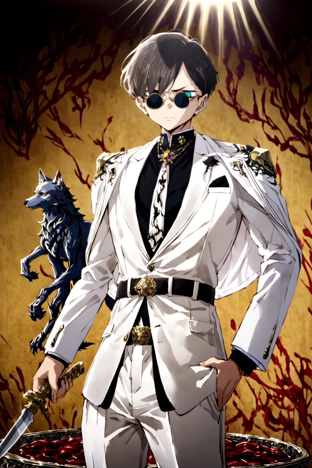 Kyotaro Ichikawa (My friend and I), defined body, very serious expression, round sunglasses, An open white suit jacket with black details on the shoulders., a black shirt under the suit with a skinny tie that has a gold brooch with a wolf figure. his belt, It has a large, decorative buckle, white dress pants, blood stained clothes, elegant clothes, holding a knife with a golden handle. Alone, yellow background 