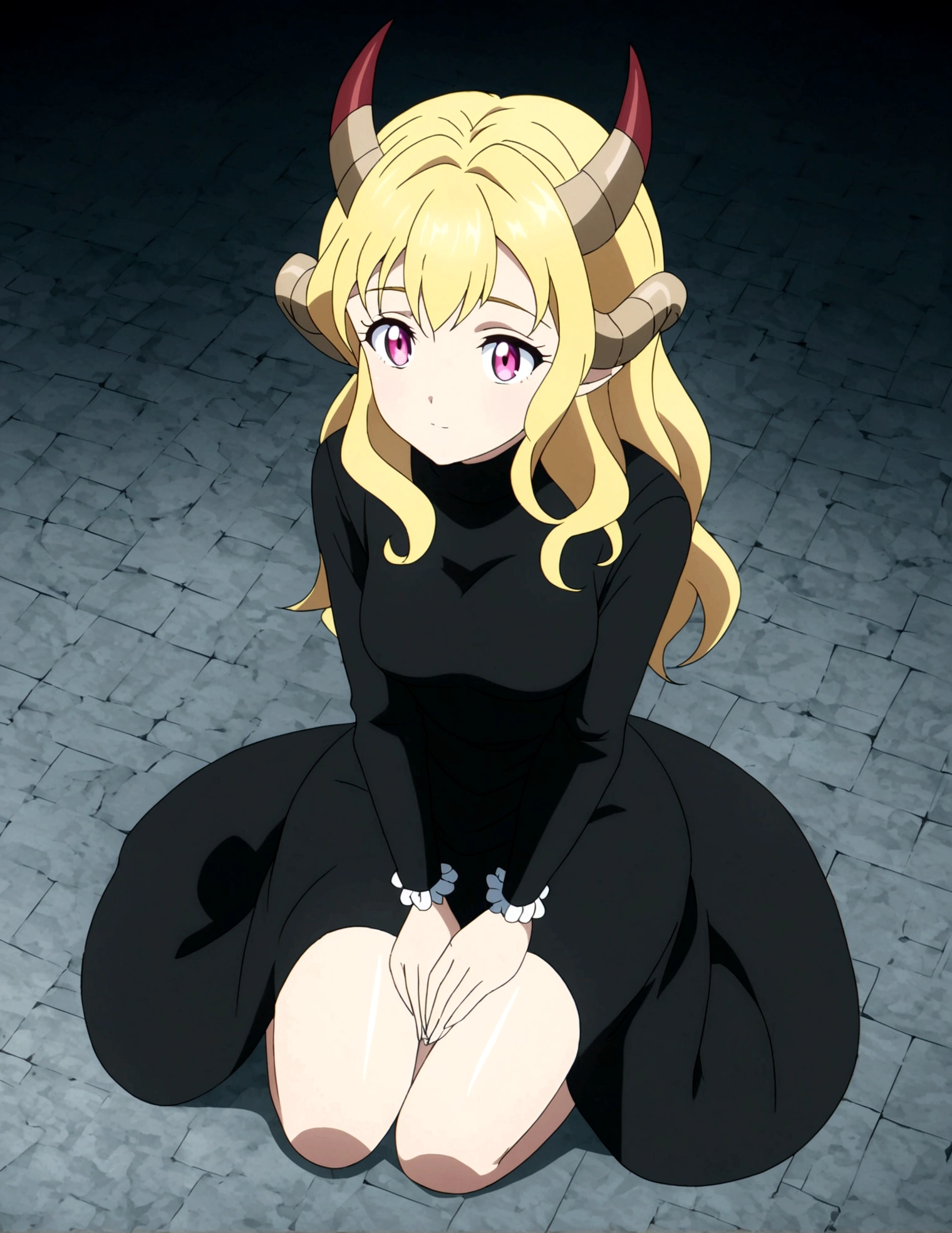 A woman with horns sitting on her knees with her hands resting on the ground, anime style,4k