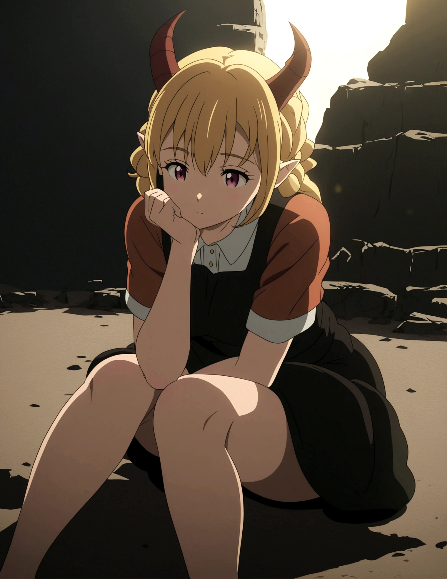 A woman with horns sitting on her knees with her hands resting on the ground, anime style,4k