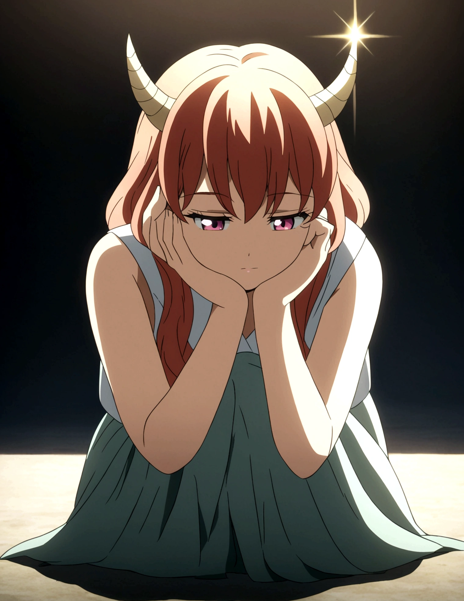 A woman with horns sitting on her knees with her hands resting on the ground, anime style,4k