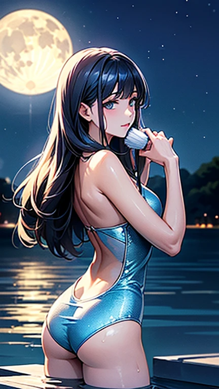 ((Highest quality、masterpiece、8K、Realistic、超High resolution、Very delicate and beautiful、High resolution、Cinema Lighting))、At the sea in the moonlight、((A woman turns around, brushing her hair back.:1.6)), She has long hair、The hair is wet with water drops。(Fascinating swimwear design:1.8、Drops of water glisten on her back)。In the background you can see the clear blue sky and the moon.、The surface of the water is undulating、shining brightly。The woman's pose is natural and relaxed.、The overall atmosphere is like a refreshing summer day.