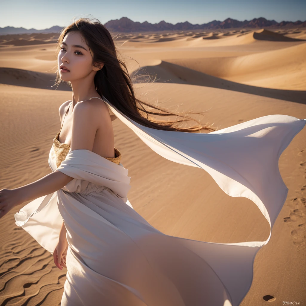 1girl, beautiful young woman, gracefully standing, middle of vast desert, flowing dress billowing in wind, golden sunlight, warm glow on face, striking features, sand dunes stretch out endlessly, sense of tranquility and solitude, realistic painting style, capturing beauty and serenity of desert landscape, real photo, photography, (best quality,4k,8k,highres,masterpiece:1.2),ultra-detailed,(realistic,photorealistic,photo-realistic:1.37),highly detailed face and eyes, detailed fabric, dramatic lighting, depth of field, cinematic composition