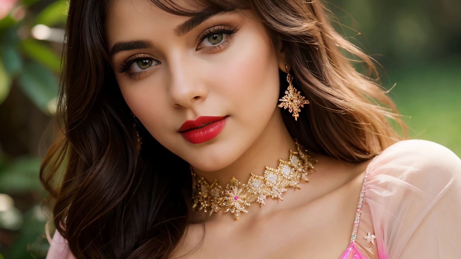 perfect pink eyes, fantastic face, Indian, beautiful look, ((red lips, bright eyes, curve heir 1.5)), ((beautiful details very big breast )), (Straight round and ultra huge clevage, not sagging breast), A glorious gorgeous, glorious gorgeous face, pretty face, bright eyes, detailed elegant printed red saree, updo elegant hair, blurred gray tones background, ultra focus, face ilumined, face detailed, 8k resolution, painted, dry brush, brush strokes, razumov style and garmash style, by Tokaito, （fluorescent colours：1.4），（semi transparent：1.4），（retro filters：1.4），（fanciful：1.4），Candy World Disneyland Ethereal Soft Fluffy Soft Landscape Forest Snowflake Pale Pink Sky Green Blue Sparkling Ethereal Light Soft Whimsical Light Rainbow Stars Diamond Sparkle Gemstone Background Ultra Realistic Ultra High Quality Cinematic Lighting Huge Details Full HD Painting Plenty of light，diagonal bangs， Dress with collar，side masterpiece， best qualityer，realskin，（sportrait：1.5）， 1girll， bluntbangs， long whitr hair，