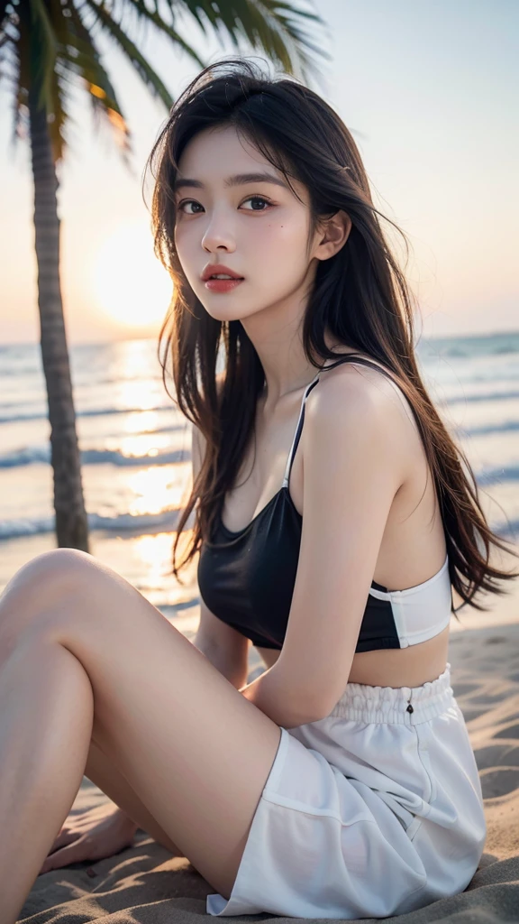 ((high quality,masterpiece,4K,8K)),a cute girl, vogue shoot, model shoot, Photoshoot, black hair, rose color cheek, thin lips, sunny beach, colorful summer outfits
