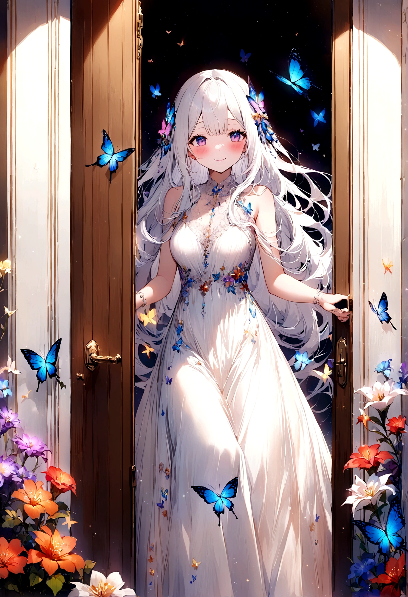 Passing by,(Standing outside the door),Fragments,Smile,blush,close up,beautiful,White long hair,Starlight,Colorful long dress,Flowers,Butterflies flying