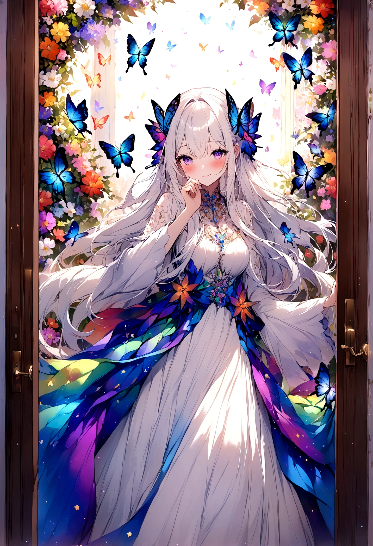 Passing by,(Standing outside the door),Fragments,Smile,blush,close up,beautiful,White long hair,Starlight,Colorful long dress,Flowers,Butterflies flying