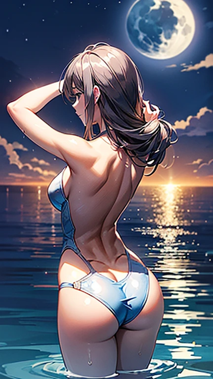 ((Highest quality、masterpiece、8K、Realistic、超High resolution、Very delicate and beautiful、High resolution、Cinema Lighting))、At the sea in the moonlight、((A woman is combing her hair:1.6)), ((Back view:1.8)), ((look back:1.6)), She has long hair、The hair is wet with water drops。(Fascinating swimwear design:1.8、Drops of water glisten on her back)。In the background you can see the clear blue sky and the moon.、The surface of the water is undulating、shining brightly。The woman's pose is natural and relaxed.、The overall atmosphere is like a refreshing summer day.