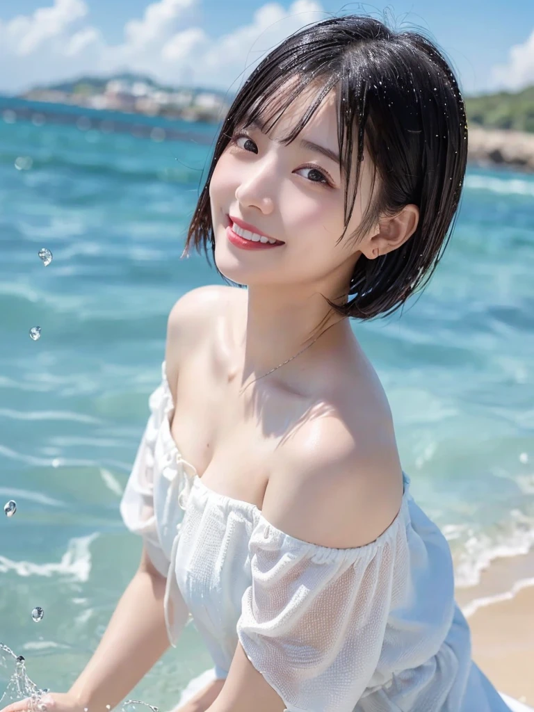 (best quality,masterpiece:1.3,Ultra-high resolution),(Very detailed,Caustic lines,8K),(Reality:1.4,RAW Shooting),[Lola:West Bamboo Eye:0.5],Japanese,24 years old,Lovely,Hunched over,Dip your hands in the water,Playing with water,(Smiling and looking at the camera),(Black hair fluttering in the wind:1.1),short hair,Natural Makeup,(Large target ),(Wet off-shoulder dress),(Low),(Low-angle full-body shooting),beach,Strong summer sun,Natural light,Professional Writing