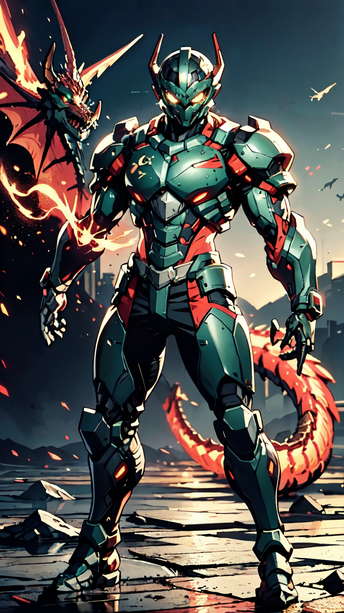 A man wearing a full-face helmet, a fantasy-style biotech armored combat suit, green eyes, (a composite layered chest armor), fully enclosed shoulder guards, matching arm and leg guards, the belt is adorned with dragon claw grasping orbs, (the color scheme is primarily black with red accents), the design balances heavy with agility, a high-tech bio-mecha armor, (Armor Concept Inspired by Dragons, stand on the top of a skyscraper in a futuristic sci-fi city), this character embodies a finely crafted fantasy-surreal style armored hero in anime style, exquisite and mature manga art style, (element, plasma, energy, the armor glows), ((male:1.5)), metallic, real texture material, dramatic, high definition, best quality, highres, ultra-detailed, ultra-fine painting, extremely delicate, professional, perfect body proportions, golden ratio, anatomically correct, symmetrical face, extremely detailed eyes and face, high quality eyes, creativity, RAW photo, UHD, 32k, Natural light, cinematic lighting, masterpiece-anatomy-perfect, masterpiece:1.5