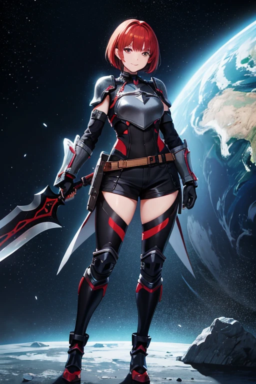 Anime Art、Full body portrait、Black heavy warrior of space sci-fi、A well-built woman, about 34 years old, about 175cm tall, wearing black armor and shorts, carrying a large axe、A strong smile、Short medium hairstyle、Red hair、Silver Eyes、Arm guard、Leggers、gloves、Flat chest