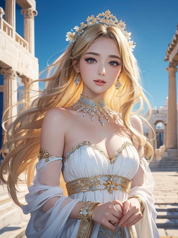 (Highest quality,Super detailed,High resolution,masterpiece,8K),Bright and vibrant colors,Official artwork,Greek white costume,Stylish makeup,Mid-length, shiny blonde hair fluttering in the wind,Captivating eyes,Glossy Lips,Beautiful woman with ample breasts,Beautiful neck line, Holding,Captivating smile,whole body,A solemn atmosphere,Old Temple,flower,pigeon,,Detailed CG,
