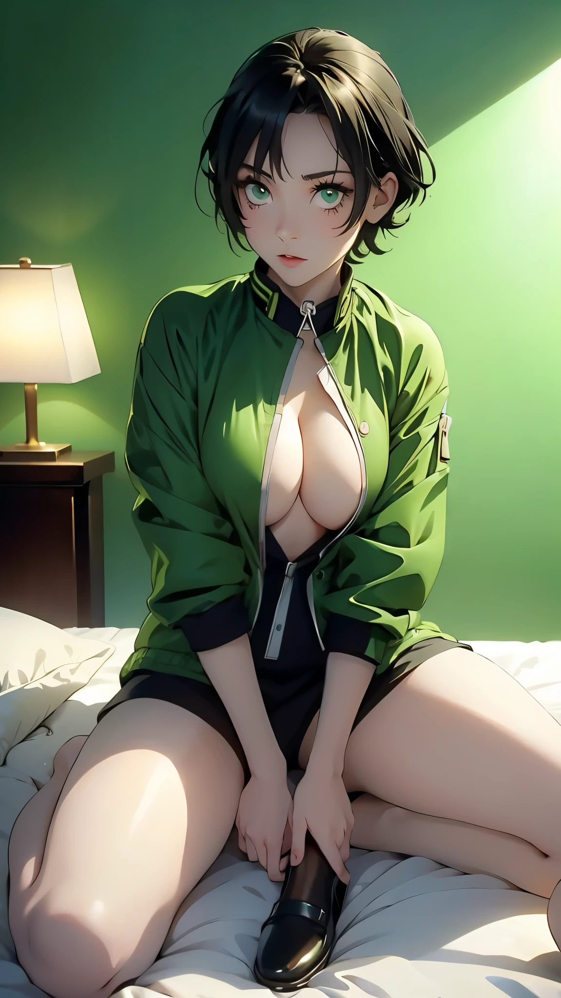 Anime girl, black short hair, big breast, sexy pose, green jacket, room background, full body pose, seting on a bed