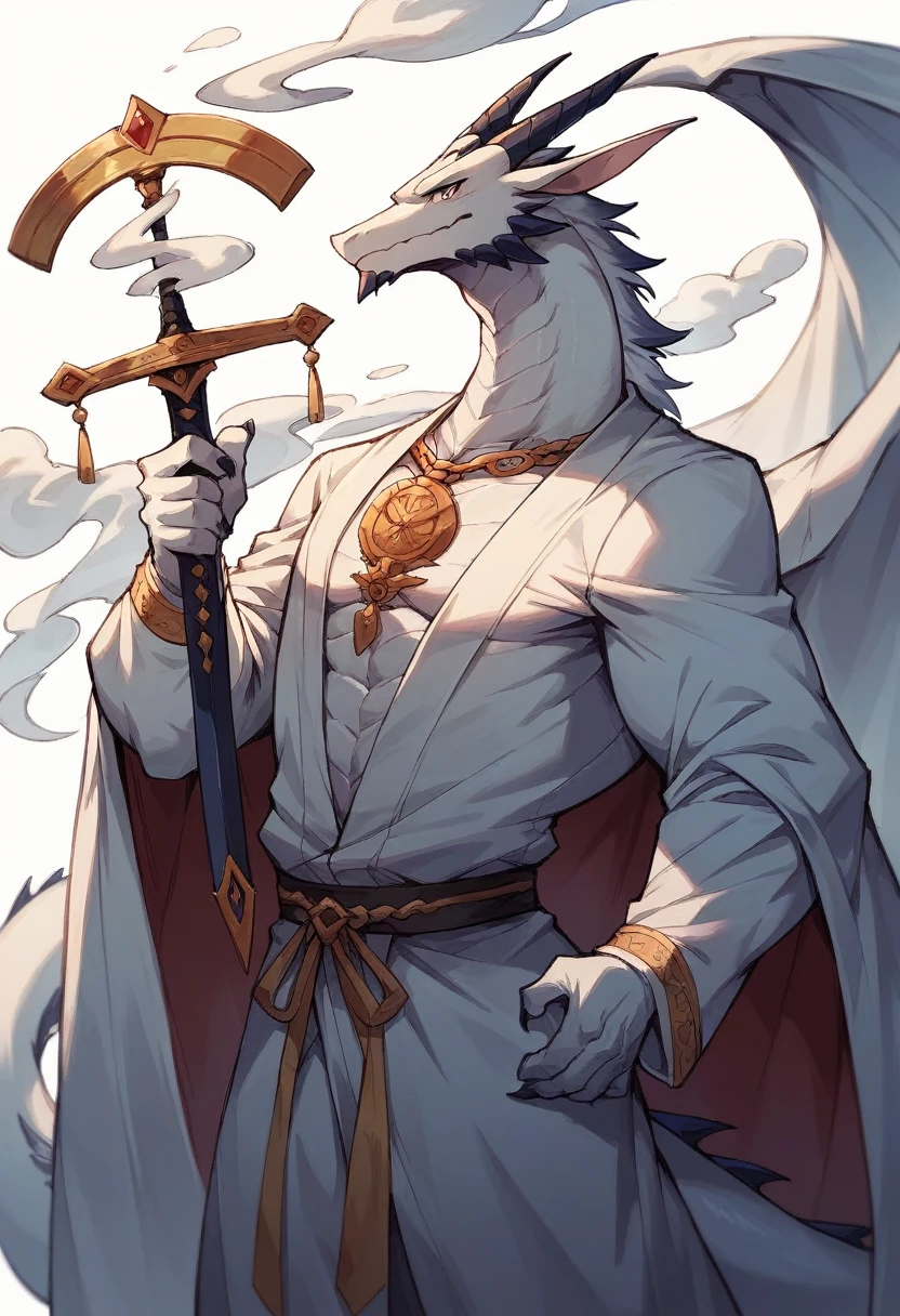 Dragon, young male, solo, big white equine penis, by bebebebebe, best quality, white balls, grass, white body, paws, perspective, standing, equine penis focus, naked, flat body, blue cloak, close view, village, people on background, small waist