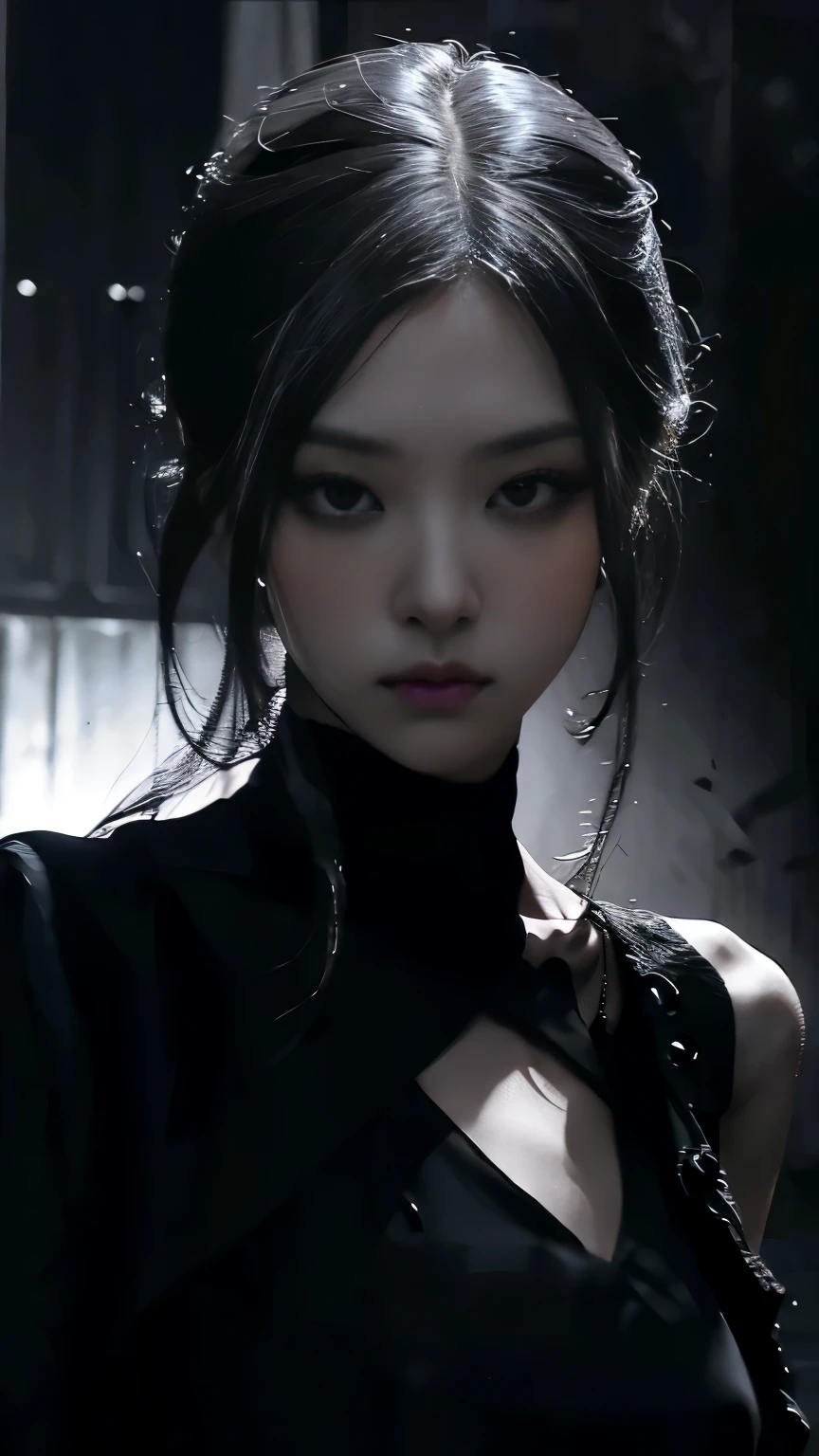 (best quality, highres:1.2), realistic, black dress, black hair, dark theme, black background, dark ninja, intense gaze, elegant posture, flowing dress, detailed facial features, long eyelashes, contrast, fine details, dramatic atmosphere, gothic style, intense emotions, monochrome color palette, captivating setting, haunting beauty, artistic photography, everything is black
