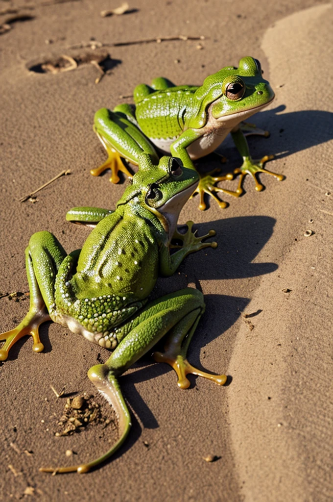 A one frog with one grasshopper on the dry surface 