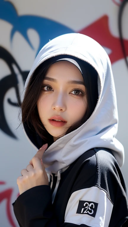 1girl, solo, pretty face, eyelashes, nose, glossy lips, (detailed eyes, looking at viewer, fair skin, white skin: 1.5), smooth skin, wearing hijab, 8k portrait of beauty in hijab, intricate, graceful, highly detailed, majestic, digital photography, hyper realistic, Masterpiece, Best Quality, All parts of the body except the face and hands are covered with clothing, Tudung, ((do not let the hair come out of the hijab)), full hijab, ((all parts of the body covered by clothes except the face)), Best Quality, (graffiti:1.5), paint splatter, jacket, On wall, paint can, looking at viewer, head slanted, clothing color (Wear a hooded military uniform), cyberpunk city