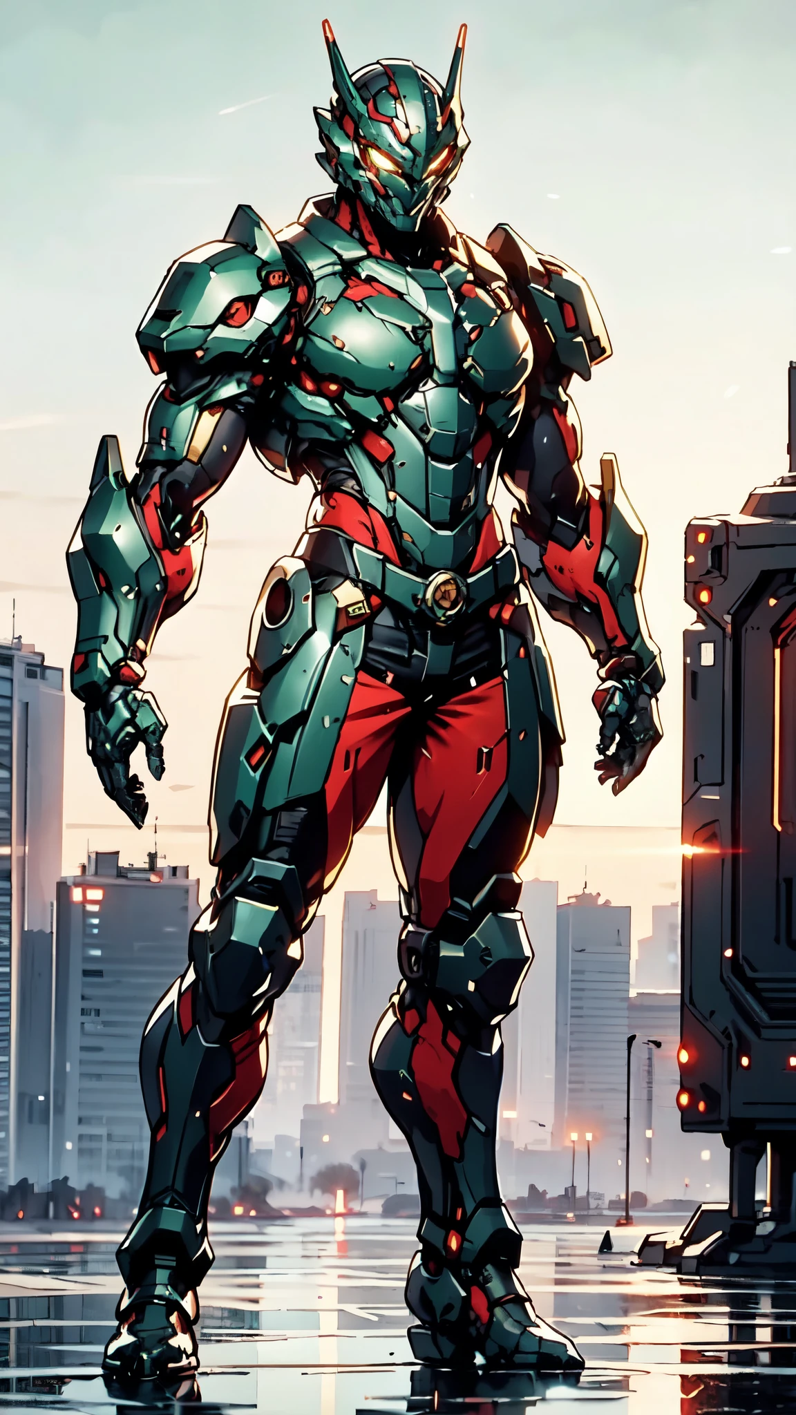 A man wearing a full-face helmet, a fantasy-style biotech armored combat suit, green eyes, (a composite layered chest armor), fully enclosed shoulder guards, matching arm and leg guards, the belt is adorned with dragon claw grasping orbs, (the color scheme is primarily black with red accents), the design balances heavy with agility, a high-tech bio-mecha armor, (Armor Concept Inspired by Dragons, stand on the top of a skyscraper in a futuristic sci-fi city), this character embodies a finely crafted fantasy-surreal style armored hero in anime style, exquisite and mature manga art style, (element, plasma, energy, the armor glows), ((male:1.5)), metallic, real texture material, dramatic, high definition, best quality, highres, ultra-detailed, ultra-fine painting, extremely delicate, professional, perfect body proportions, golden ratio, anatomically correct, symmetrical face, extremely detailed eyes and face, high quality eyes, creativity, RAW photo, UHD, 32k, Natural light, cinematic lighting, masterpiece-anatomy-perfect, masterpiece:1.5